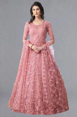Bollyclues Embroidered Net Semi Stitched Anarkali Gown (Pink)