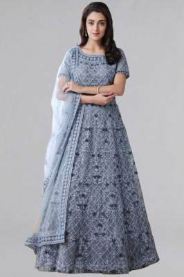 Bollyclues Embroidered Net Semi Stitched Anarkali Gown (Grey)