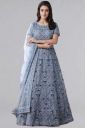Bollyclues Embroidered Net Semi Stitched Anarkali Gown (Grey)...