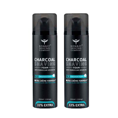 Bombay Shaving Company Activated Charcoal Shaving Foam with Moroccan Argan Oil, 2X Creamier for Superior Glide and Protection, 2 x 266 ml (33% Extra, Value Pack of 2)
