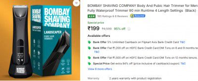 BOMBAY SHAVING COMPANY Body And Pubic Hair Trimmer for Men | For Mens Private Parts | Fully Waterproof Trimmer 90 min Runtime 4 Length Settings  (Black)