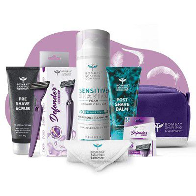 Bombay Shaving Company Defender For Her Starter Kit with Pre-Shave Scrub, Women’s Razor, Sensitive Shaving Foam, Post-Shave Balm & Cartridge (Pack of 2) | Made in India