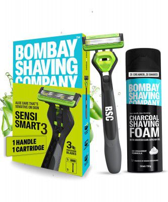 Bombay Shaving Company Sensi Smart 3 Razor and Charcoal Shaving Foam Combo, 50g