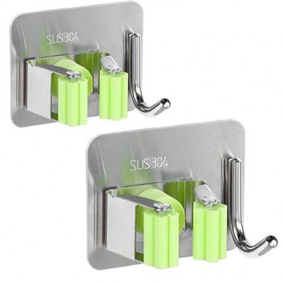 Boniry Adhesive Mop Holder and Broom Holder Wall Mounted Steel | Broom Stick Holder Wall Mounted for Home No Drilling (3, Green)