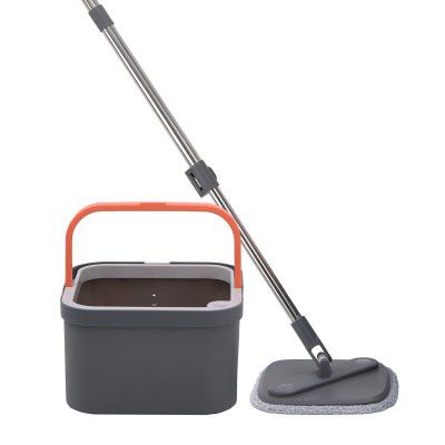 BonKaso 360° Spin Mop with Square Bucket Deluxe System Set - Grey and Orange