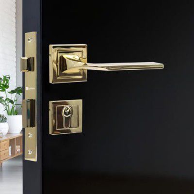 BonKaso F023390 Premium Zinc Heavy Duty Safe and Secure Mortise Main Door Lock Set Door Handle and 3 Keys - (Gold) Set of 1