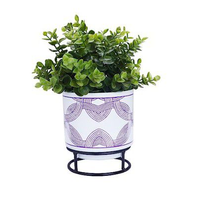 BonKaso Metal Pot White with Round Stand - Pot Size: 13 x 13 cm