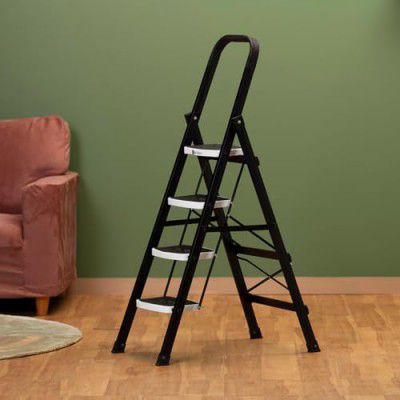 BonKaso Premium Alloy Steel Folding 4 Step Ladder for Home, Wide Anti-Skid Steps (Matte Black & White)