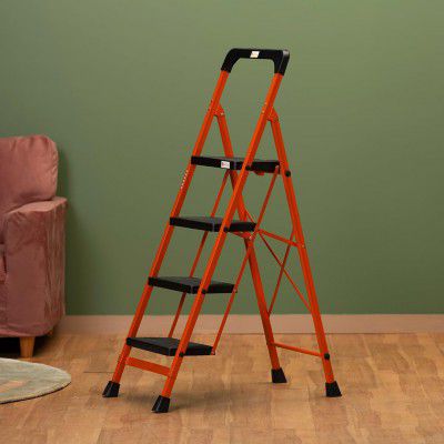 BonKaso Premium Steel Multipurpose Climb Easy Anti-Slip 4-Step Foldable Ladder with Safety Clutch Lock, Support Handle and Tool Tray for Home - (Orange & Black)