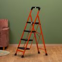BonKaso Premium Steel Multipurpose Climb Easy Anti-Slip 4-Step Foldable Ladder with Safety Clutch Lock, Support Handle and Tool Tray for Home - (Orange & Black)...