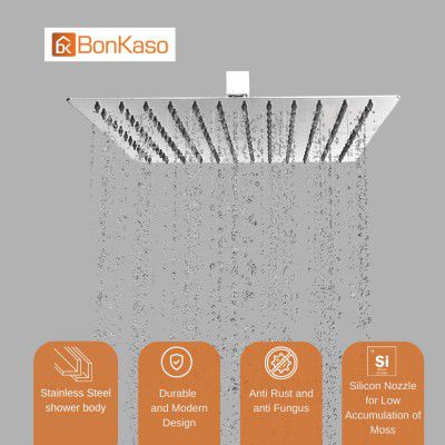 BonKaso Square Slim Rain Shower Head 12 Inch - Stainless Steel