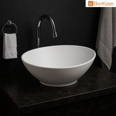 BonKaso White Ceramic Tabletop Wash Basin – Oval Shape Polished Countertop Sink – 15.3 x 13 x 6.2 Inches