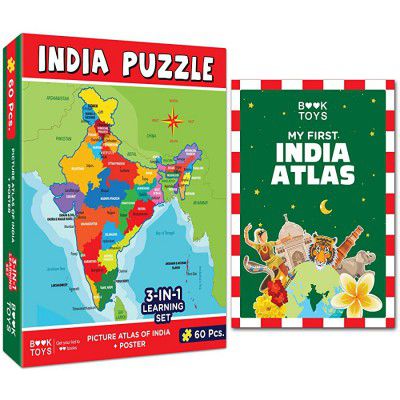 Book Toys Set of Jigsaw India Map Puzzle with State Capitals, India Atlas, India Map Poster Learning Aid and Educational Toy for Boys and Girls for Ages 5 Years Old and Above