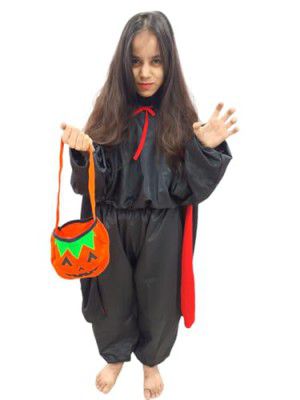BookMyCostume Buy Black & Red Reversible Dracula Vampire Cape Cloak with Pumpkin Basket Halloween Party Costume Accessory for Boys & Girls 4-5 Years