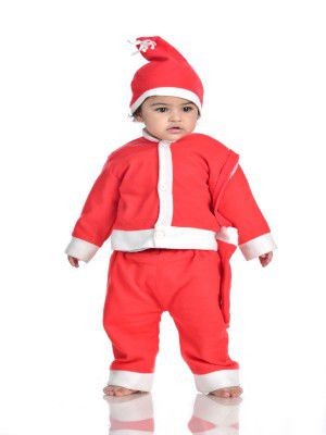 BookMyCostume Santa Boy Dress Set of 4 (Jacket, Bottom, Bag, & Cap) Kids Christmas Costume 5-6 years