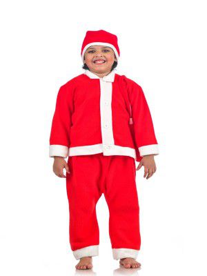 BookMyCostume Santa Claus Dress Set of 4 (Jacket, Bottom, Bag, & Cap) Kids & Adults Christmas Costume