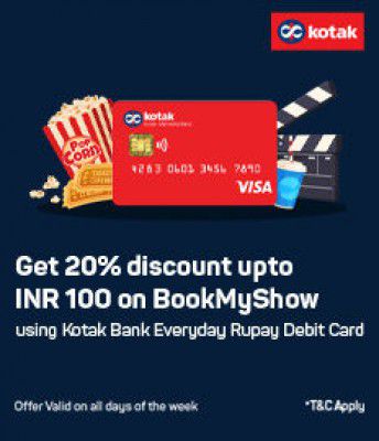 Bookmyshow: Kotak Bank Everyday Rupay Debit Card, Discount 20% Off Upto INR 100 On BookMyShow