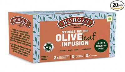 Borges Olive Leaf Infusion Assorted Pack, Classic, Basil, Lemongrass & Mint, Zero Caffeine, No Added Flavour, 20 Bags