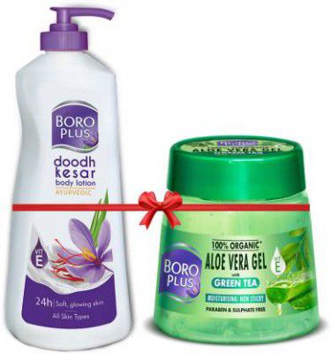 BOROPLUS Aloe Vera Gel Green Tea 200ml Jar + Doodh Kesar Body Lotion 400ml  (600 ml)