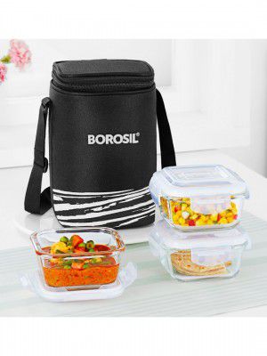 BOROSIL 3-Pcs Black Printed Glass Lunch Box With Insulated Lunch Bag