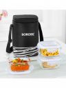 BOROSIL 3-Pcs Black Printed Glass Lunch Box With Insulated Lunch Bag...