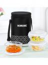 BOROSIL 3pcs Black & Transparent Glass Lunch Box With Insulated Lunch Bag 400 ml...