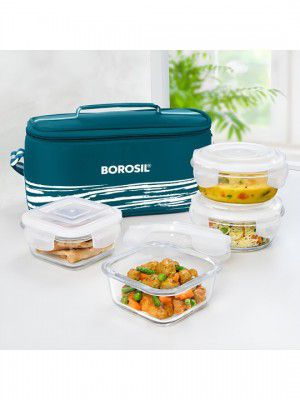 BOROSIL 4 Pieces Teal Blue & Transparent Glass Lunch Box With Bag