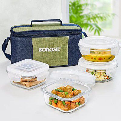 Borosil Ace Lunchbox with Bag | 4pc (320ml x 2 Square + 400ml x 2 Round) Container Set 
