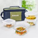 Borosil Ace Lunchbox with Bag | 4pc (320ml x 2 Square + 400ml x 2 Round) Container Set ...