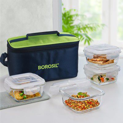 Borosil Alfa Green Borosilicate Glass Lunch Boxes Set of 4 (320 ml Each) with Lunch Bag, Lunchboxes for Office & College, Microwave Safe, Leak Proof