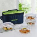 Borosil Alfa Green Borosilicate Glass Lunch Boxes Set of 4 (320 ml Each) with Lunch Bag, Lunchboxes for Office & College, Microwave Safe, Leak Proof