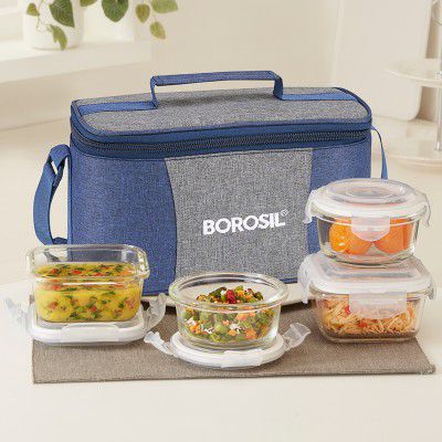 BOROSIL Alora Universal Glass Lunchbox, 4 pc Set (320 ml x 2 + 240 ml x 2) 4 Containers Glass Office Lunch Box (1120 ml)