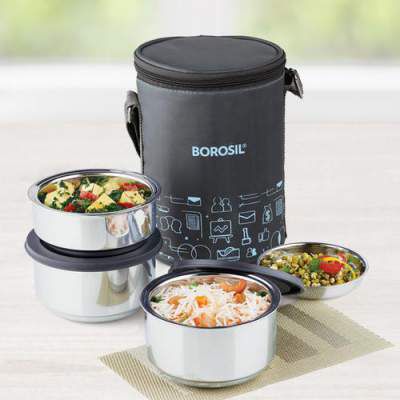 Borosil Carry Fresh Stainless Steel Lunch Box/Tiffin Box Insulated - Blue/Black, 3 pcs