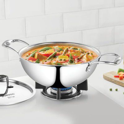 Borosil Cookfresh 2.5L Tri-ply Stainless Steel Deep Kadhai | 22cm Kadai for Deep Fry