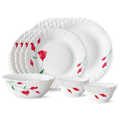 Larah by Borosil Fluted Series Diana Opalware Dinner Set (White, 13 Pieces)