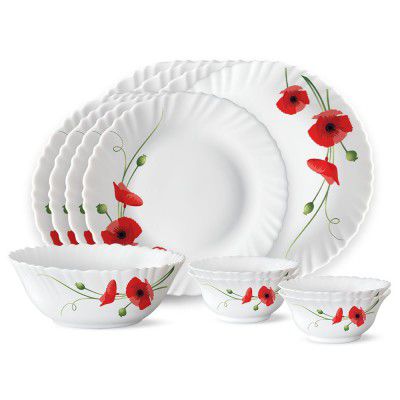 Larah by Borosil Fluted Series Red Carnation Opalware Dinner Set | 13 Piece