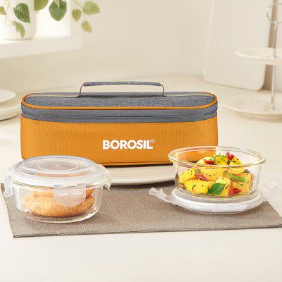 BOROSIL Glass Lunchbox, 2 pc Round Set (400ml Each), Horizontal Tiffin 2 Containers Glass Office Lunch Box (640 ml)