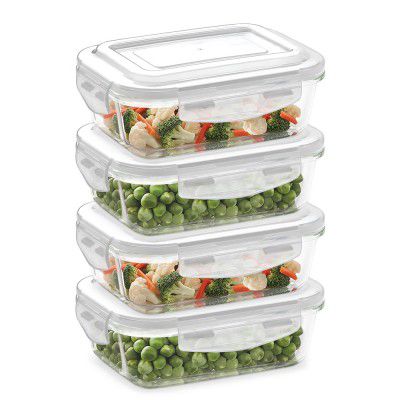 Borosil Klip n Store (370ml x 4) Rectangle Glass Food Storage Container Set with Air Tight Lid 