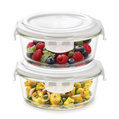 Borosil Klip n Store (950ml x 2) Round Glass Food Storage Container Set with Air Tight Lid