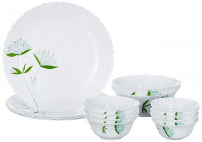 Borosil Opalware Fluted Lily Dinner Set, White, 14-Pieces