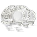 Larah by Borosil Ora Gold Fluted Series Opalware Dinner Set of Plate (White, 33 Pieces)...