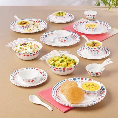 Larah by Borosil Pack of 34 Opalware Galaxy Pastel Crockey Set, Plate & Bowl Dinner Set