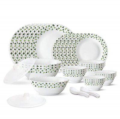 Larah by Borosil Sage Silk Series Opalware Dinner Set of Plates, (White, 35 Pieces)