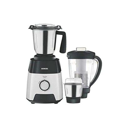 Borosil Silverline Mixer Grinder, For Wet/Dry Mixing & Grinding, 600 Watts, 3 Jars, 2 Heavy Stainless Steel Jars (0.4 L Chutney Grinder & 1.2 L Dry/Wet Grinder) with PC lids + 1 PC Jar (1.5 L) with Fr