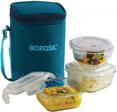 Teal Bag, 3 Pc (320 ml x 2 + 240ml x 1 ), Office Tiifin 3 Containers Glass Office Lunch Box (880 ml)