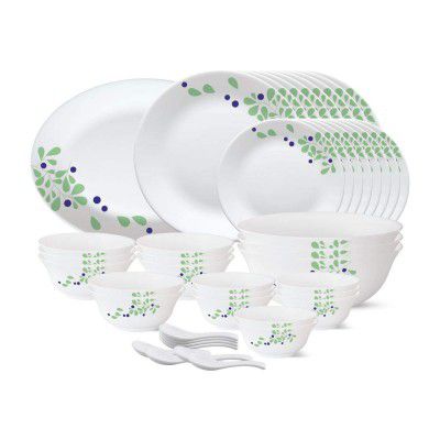 Larah by Borosil - Tiara Series, Foliage, 44 Pcs, Opalware Dinner Set, White
