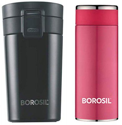 Borosil Vacuum Insulated Hydra Coffeemate Stainless Steel Travel Mug - Spill Proof - hot and Cold + Borosil Stainless Steel Hydra Travelsmart - Vacuum Insulated Flask Water Bottle, 200 ML, Pink