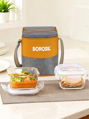 BOROSIL Zest Glass Lunchbox, 2 pc Square Set (320 ml Each), Vertical Tiffin 2 Containers Glass Office Lunch Box (640 ml)