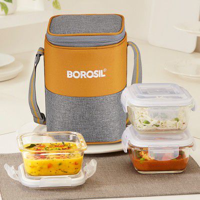 BOROSIL Zest Glass Lunchbox, 3pc Square Set (320ml Each), Office Tiffin Box 3 Containers Glass Office Lunch Box (960 ml)