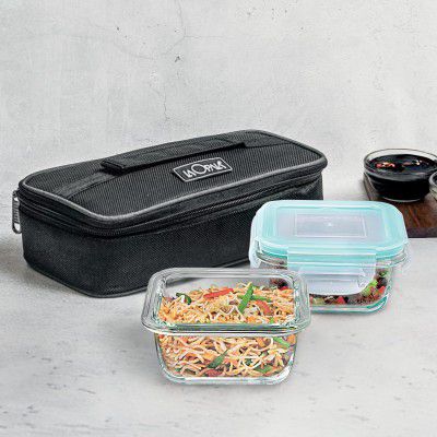 La Opala Cook Serve Store 100% Borosilicate Glass Horizontal Lunch Box with Bag | Set of 2